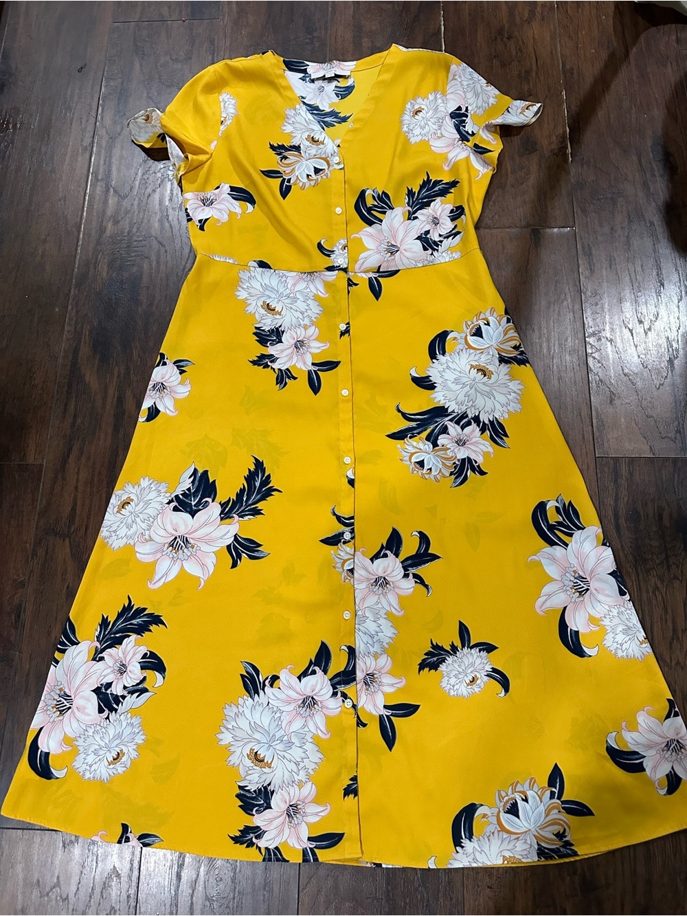 LOFT Yellow Floral Button-Front Maxi Dress with Tie Waist 12 - Picture 3 of 6